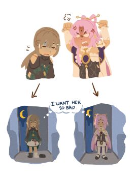 2girls absurdres anger_vein bare_shoulders black_shirt closed_eyes commentary crescent dress english_commentary english_text fu_xuan_(honkai:_star_rail) grey_hair highres honkai:_star_rail honkai_(series) layered_dress long_hair multiple_girls nonnormalguy off_shoulder pink_hair qingque_(honkai:_star_rail) shaded_face sharp_teeth shirt shouting skirt teeth white_arm_warmers white_skirt yuri