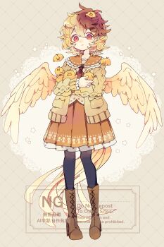 1girl absurdres animal animal_on_head ascot baby_animal bird bird_girl bird_on_head bird_tail bird_wings black_pantyhose blonde_hair blush_stickers boots brown_boots cardigan chick closed_mouth commentary double-parted_bangs frilled_skirt frills full_body grey_background hair_between_eyes highres lace-up_boots long_sleeves multicolored_hair nikorashi-ka niwatari_kutaka on_head open_cardigan open_clothes orange_sailor_collar orange_skirt pantyhose pleated_skirt red_ascot red_eyes red_hair sailor_collar short_hair skirt solo standing tail touhou two-tone_hair watermark wings yellow_cardigan