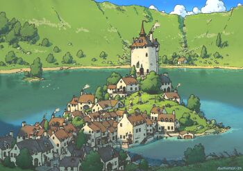 architecture artist_name aurumek bay beach blue_sky building bush chimney cloud dated day dock from_above grass highres house no_humans original outdoors path road signature sky smoke stairs tower town tree very_wide_shot water