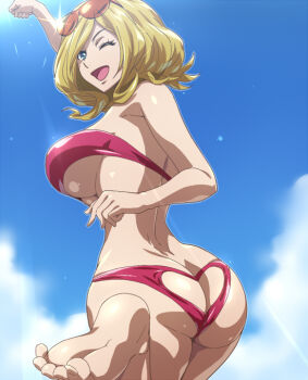 1girl ;d ass ass_cutout bandeau bare_shoulders barefoot bikini blonde_hair blue_eyes breasts butt_crack clothing_cutout cloud code_geass day eyewear_on_head feet female_focus from_behind glasses hairu heart heart_cutout large_breasts looking_back milly_ashford one_eye_closed open_mouth red_bikini shiny_skin short_hair sky smile soles solo sunglasses swimsuit toes underboob