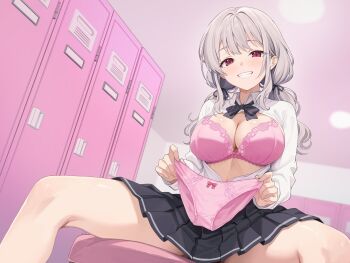 1girl absurdres artist_request bench black_skirt blush bow bow_panties bra breasts ceiling cleavage collared_shirt grey_hair grin highres holding holding_panties holding_underwear holding_unworn_clothes indoors locker locker_room long_hair long_sleeves looking_at_viewer medium_breasts open_clothes open_shirt original panties pink_panties pleated_skirt red_eyes school_uniform shirt sidelocks sitting skirt smile solo spread_legs teeth thighs underwear unworn_panties white_shirt