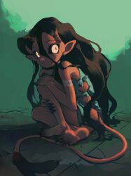 Rule 34 | 1girl, bandaged arm, bandages, bare shoulders, barefoot, black hair, black sclera, colored sclera, colored skin, demon girl, dress, expressionless, fingernails, full body, green dress, highres, horns, long hair, looking at viewer, original, pointy ears, red skin, robomb, sharp fingernails, sharp toenails, short dress, sitting, solo, tail, toenails, white eyes, wide-eyed