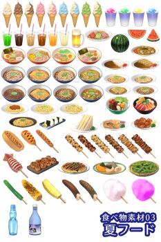 alcohol beer beer_mug bottle bowl chocolate-covered_food commentary_request corn corn_dog cotton_candy cup curry curry_rice drinking_straw food food_focus food_request fruit grilled_corn highres hot_dog ice_cream ice_cream_cone ikayaki kamaboko ketchup kurarin mug mustard narutomaki no_humans noodles nori_(seaweed) onigiri original pasta plate ramen rice shaved_ice simple_background skewer soft_serve softboiled_egg spaghetti takoyaki translation_request water_bottle watermelon watermelon_slice white_background