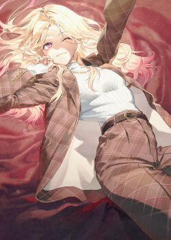 1girl ;) arm_up belt blonde_hair breasts brown_jacket brown_pants chain chain_around_neck commentary fingernails gakuen_idolmaster hair_spread_out highres idolmaster jacket juo_sena long_hair lying medium_breasts nail_polish on_back one_eye_closed open_clothes open_jacket pants purple_eyes rain_(regen) ribbed_sweater smile solo sweater sweater_tucked_in white_sweater