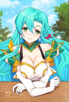 1girl aqua_hair armor bow braid breasts chloe_(fire_emblem) cleavage closed_mouth earrings elbow_gloves fire_emblem fire_emblem_engage gloves green_eyes highres jewelry large_breasts long_hair looking_at_viewer nintendo shoulder_armor side_braid smile solo sylphy_fe teardrop_earrings very_long_hair white_gloves
