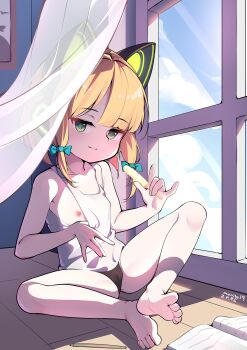 1girl 2025 \m/ absurdres animal_ear_headphones animal_ears artist_name barefoot behind_curtains black_panties blonde_hair blue_archive blunt_bangs book bow breasts camisole camisole_pull cat_ear_headphones cat_ears chinese_commentary closed_mouth clothes_pull cloud cloudy_sky collarbone commentary_request curtains dated day fake_animal_ears feet food full_body green_bow hair_bow headphones highres holding holding_food holding_popsicle holding_stick indoors knees loli looking_at_viewer low-tied_sidelocks melting_popsicle midori_(blue_archive) navel nipples no_halo no_pants one_breast_out open_book paid_reward_available panties parted_bangs pencil platinum-mix popsicle popsicle_stick pulling_own_clothes see-through_camisole see-through_clothes see-through_curtains short_hair sidelocks sitting sky small_breasts smile soles solo split_mouth spread_legs stick toes underwear white_camisole window window_shadow