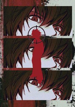 2boys brown_eyes brown_hair crosshair death_note gamppan9 hair_between_eyes highres l_(death_note) looking_at_another male_focus multiple_boys short_hair silhouette spiked_hair yagami_light