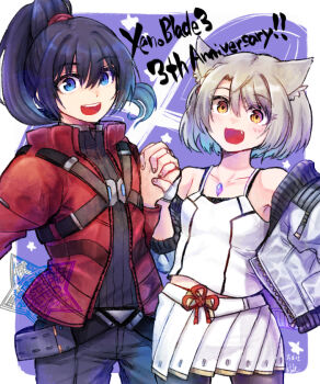 1boy 1girl anniversary black_hair blue_eyes chest_jewel copyright_name eyelashes fang gomato grey_hair holding_hands jacket looking_at_viewer mio_(xenoblade) noah_(xenoblade) open_clothes open_jacket open_mouth pleated_skirt ponytail ribbed_shirt ringed_eyes shirt short_hair skirt white_shirt xenoblade_chronicles_(series) xenoblade_chronicles_3
