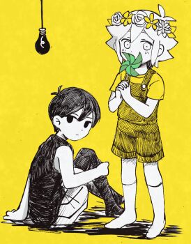 Rule 34 | 2boys, antenna hair, arm support, barefoot, basil (headspace) (omori), basil (omori), black eyes, black hair, black tank top, black thighhighs, closed mouth, colored skin, commentary request, double-parted bangs, expressionless, flower, flower wreath, hair between eyes, head wreath, holding, holding pinwheel, knees up, light bulb, limited palette, looking at viewer, male focus, multiple boys, omori, omori (omori), overall shorts, overalls, pinwheel, rasu (pixiv9799832), shirt, short hair, shorts, sidelocks, simple background, sitting, standing, striped clothes, striped shorts, t-shirt, tank top, thighhighs, vertical-striped clothes, vertical-striped shorts, white shorts, white skin, yellow background, yellow overalls, yellow shirt