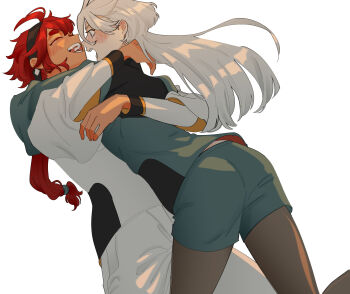 2girls absurdres asticassia_school_uniform black_hairband black_pantyhose blush closed_eyes green_jacket green_shorts grey_eyes gundam gundam_suisei_no_majo hairband highres hug jacket laughing long_hair long_sleeves miorine_rembran multiple_girls open_mouth pantyhose ponytail red_hair school_uniform shorts simple_background smile snapagi suletta_mercury thick_eyebrows white_background white_hair white_jacket white_shorts yuri