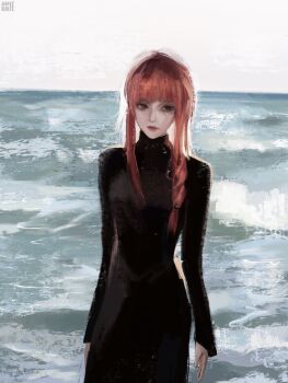 Rule 34 | 1girl, anirrie, artist name, black dress, brown hair, chainsaw man, commentary, dress, english commentary, highres, long hair, long sleeves, looking to the side, makima (chainsaw man), ocean, sidelocks, signature, solo, turtleneck, turtleneck dress