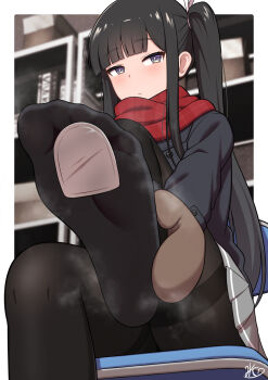 1girl black_hair black_jacket black_pantyhose blunt_bangs blurry blurry_background blush border brown_gloves chair closed_mouth feet foot_focus foot_out_of_frame foreshortening gloves hand_on_own_foot highres indoors jacket jkisaradu long_hair long_sleeves looking_at_viewer no_shoes on_chair original pantyhose presenting_foot purple_eyes red_scarf scarf school_uniform side_ponytail sidelocks signature sitting smell soles solo steaming_body textless_version thighband_pantyhose toes very_long_hair white_border winter_clothes