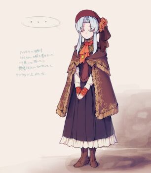 Rule 34 | ..., 1girl, angela (project moon), ascot, black skirt, bloodborne, bonnet, boots, brown boots, brown cape, brown vest, cape, closed eyes, closed mouth, cosplay, flower, frilled skirt, frills, full body, gloves, hair up, hat, hat flower, highres, lobotomy corporation, long skirt, long sleeves, orange flower, parted bangs, plain doll, plain doll (cosplay), project moon, red ascot, red bonnet, red gloves, red hat, shirt, sidelocks, skirt, solo, speech bubble, spoken ellipsis, standing, surumenabe, vest, white shirt