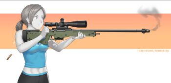 1girl absurdres ai_arctic_warfare black_hair black_shorts blue_tank_top bolt-action_rifle bolt_action casing_ejection colored_skin crop_top gradient_background gun highres holding holding_gun holding_weapon leggings long_hair midriff mleth navel nintendo orange_background ponytail rifle scope shell_casing shorts smoke smoking_barrel sniper_rifle solo tank_top twitter_username two-tone_background watermark weapon web_address white_background white_skin wii_fit wii_fit_trainer wii_fit_trainer_(female)