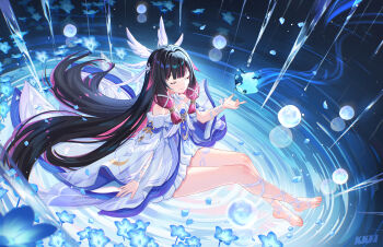 1girl absurdres bare_shoulders barefoot black_hair closed_eyes closed_mouth columbina_(genshin_impact) detached_sleeves dress eye_mask genshin_impact hair_ornament highres lalazyt long_hair long_sleeves mask multicolored_hair purple_hair sitting smile solo two-tone_hair very_long_hair white_dress white_mask white_wings wing_hair_ornament wings
