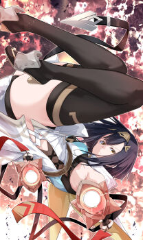 Rule 34 | 1girl, absurdres, aiming, amber (stella sora), armpit crease, ass, bare shoulders, black boots, black hair, black leotard, boots, closed mouth, commentary request, determined, dual wielding, frown, gun, handgun, headpiece, high heel boots, high heels, highres, holding, leotard, leotard under clothes, looking at viewer, medium hair, oriue wato, solo, stella sora, tabard, thigh boots, thighs, upside-down, weapon, white tabard, yellow eyes