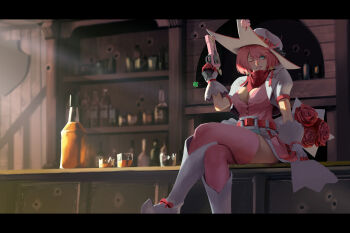1girl alcohol alternate_costume arm_up artist_request bag bar belt black_bar blurry blurry_background blush boots bottle bouquet breasts broken_glass cowboy_hat crossed_legs elphelt_valentine female_focus flower glass gloves guilty_gear gun handbag handgun handkerchief hat highres holding holding_weapon large_breasts lips one_eye_closed pink_hair pointing pointing_up revolver rose sitting smile solo thighhighs weapon wild_west