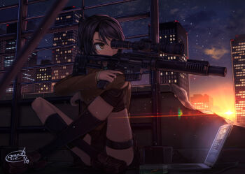 1girl bad_id bad_pixiv_id black_hair brown_eyes city computer crossed_legs dreadtie female_focus gun highres laptop original rifle short_hair sitting sky sniper sniper_rifle solo star_(sky) starry_sky sunset thigh_strap trigger_discipline weapon