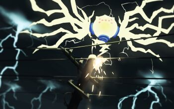 cloud cloudy_sky commentary_request dark_cloud electricity gen_8_pokemon highres legendary_pokemon lightning nintendo no_humans one-hour_drawing_challenge outdoors pokemon pokemon_(creature) pokemon_focus regieleki rend sky solo sparks storm utility_pole