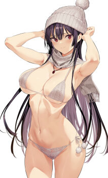 1girl armpits arms_up beanie bikini black_hair breasts closed_mouth cowboy_shot foreshortening hair_between_eyes haite_kudasai_takamine-san hat hiiragi_yuuichi jewelry large_breasts light_smile long_hair looking_at_viewer navel pom_pom_(clothes) red_eyes scarf side-tie_bikini_bottom simple_background skindentation solo swimsuit takamine_takane thighs underboob white_background