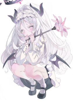 1girl ahoge alternate_costume apron bangs black_halo black_horns black_shoes black_skirt blue_archive blush closed_mouth demon_girl demon_horns demon_wings duster elbow_on_knee frilled_apron frilled_hairband frilled_headwear frills hairband halo hands_up highres hina_(blue_archive) holding holding_duster horns loli long_hair long_sleeves looking_at_viewer low_wings maid maid_headdress marant38 mary_janes multiple_horns purple_eyes shoes simple_background skirt sleeve_cuffs socks solo squatting thighs very_long_hair white_background white_socks wings