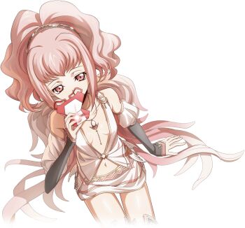 1girl anya_alstreim arm_at_side artist_request bare_shoulders breasts brooch cellphone center_opening code_geass code_geass:_lost_stories collarbone covered_mouth cowboy_shot cropped_legs feathered_wings female_focus from_above game_cg gem gyaru hairband hand_up highres hime_gyaru holding holding_phone jewelry juliet_sleeves long_sleeves matching_hair/eyes miniskirt multicolored_sleeves navel necklace non-web_source official_art phone pink_eyes pink_hair puffy_sleeves shiny_skin shirt short_hair sidelocks simple_background sitting skirt sleeveless sleeveless_shirt sleeves_past_wrists small_breasts smartphone solo stomach taking_picture thighs transparent_background white_gemstone white_shirt white_skirt white_wings wings yellow_hairband