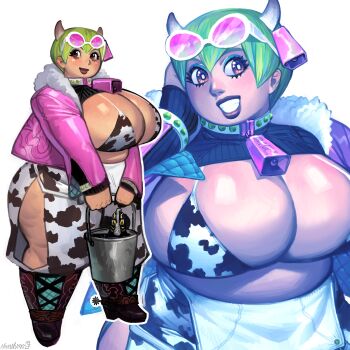 1girl absurdres animal_print boots bra breasts brown_eyes bucket cleavage clothes_lift collar cow_horns cow_print cowbell cowboy_boots eyeshadow fat fat_woman foo_fighters_(jojo) foo_fighters_(stand) green_hair highres horns huge_breasts jacket jojo_no_kimyou_na_bouken lipstick makeup namnums shirt_lift short_hair skirt stone_ocean sunglasses sunglasses_on_head thick_thighs thighs underwear