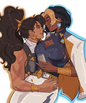 Rule 34 | 2girls, alcohol, aqua nails, armlet, armor, belt, black hair, blonde streaks, blush, breasts, brown hair, cleavage, cleavage cutout, clothing cutout, colored bangs, cup, dark-skinned female, dark skin, domina (overwatch), drinking glass, earrings, eyeshadow, fingernails, hair intakes, highres, holding, jacket, jewelry, lipstick, looking at another, makeup, mole, mole on breast, mole on cheek, multicolored hair, multiple girls, muscular, muscular arms, muscular female, overwatch, pants, phoenix (gayviatorr), ponytail, scar, scar on arm, scar on face, scar on lip, scar on nose, smile, sparkle print, two-tone hair, vendetta (overwatch), white jacket, white pants, wine, wine glass, yellow belt, yuri