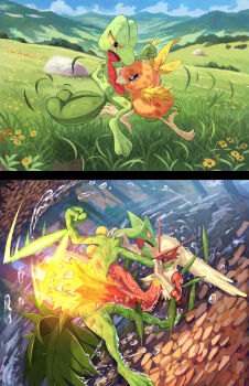 beak biting black_eyes blaziken blue_eyes bruise claws clenched_hand colored_sclera colored_skin commentary commentary_request crying day fighting fire gen_3_pokemon grass green_skin highres incoming_attack injury karamimame kicking looking_at_another lying mountainous_horizon multicolored_skin nintendo on_back open_mouth outdoors plant_tail pokemon pokemon_(creature) pokemon_focus raised_fist red_skin scar sceptile stab strangling tail torchic treecko yellow_sclera