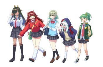 5girls absurdres aqua_hair aqua_sweater_vest artist_request bag black_bow black_choker black_shorts black_skirt blue_eyes blue_jacket bow bowtie brown_hair brown_shoes brown_sweater_vest chifuin_gyai choker closed_mouth colored_inner_hair commentary_request dark-skinned_female dark_skin dragon_musume_ni_naritakunai! duel_masters fangs full_body green_hair green_jacket hair_bow hair_ornament hair_over_one_eye hands_in_pockets high_ponytail highres hood hooded_jacket hoodie jacket kneehighs kumada_suzu long_hair loose_socks maguma_mega multicolored_hair multiple_girls nagareboshi_asche necktie official_art open_mouth orange_eyes plaid_clothes plaid_skirt pointing pointing_up ponytail red_bow red_bowtie red_hoodie red_necktie sava_k_zeos school_bag school_uniform shirt shoes short_hair shorts shoulder_bag skirt socks sweater_vest teeth upper_teeth_only walking white_hair white_shirt yellow_eyes