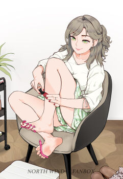 1girl absurdres barefoot beifeng_han feet green_eyes highres light_blush long_hair nail_polish original shoes smile soles toenail_polish toenails toes unworn_shoes