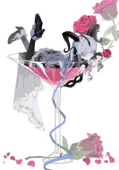 1girl absurdres arknights bang_dream! bang_dream!_it&#039;s_mygo!!!!! black_boots black_dress black_gloves black_horns black_ribbon blue_hair boots cherry cocktail cocktail_glass cup curled_horns dress drinking_glass flower food fruit full_body gloves hair_ribbon high_heel_boots high_heels highres holding holding_mask horn_ornament horn_ring horns in_container in_cup long_hair looking_at_viewer lying macha_bafei mask mini_person minigirl on_stomach partially_submerged petals red_flower red_rose ribbon rose sidelocks simple_background single_glove solo the_pose togawa_sakiko togawa_sakiko_(master_of_melodia) two_side_up white_background wrist_cuffs yellow_eyes