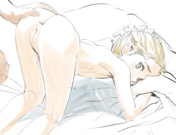 1boy 1girl all_fours anus ass berserk blonde_hair blue_eyes blush butterchalk character_request cleft_of_venus copyright_request erica_(berserk) flat_chest hetero imminent_penetration loli looking_back maid_headdress nipples nude penis pussy short_hair sketch solo_focus spread_anus spread_ass top-down_bottom-up uncensored