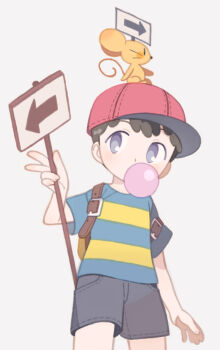 1boy baseball_cap black_shorts blowing_bubble_gum blue_eyes brown_bag chewing_gum commentary_request cowboy_shot exit_mouse_(mother) full_body hat highres holding holding_sign male_focus mother_(series) mother_2 mouse_on_head ness_(mother_2) nintendo red_hat shirt short_sleeves shorts sign striped_clothes striped_shirt tanba_(tanba-art)