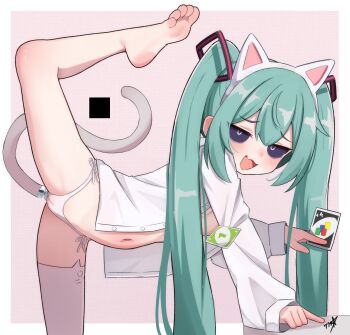 1girl absurdres animal_ears barefoot boppin commentary commission english_commentary fake_animal_ears fake_tail hatsune_miku highres loli long_hair mimukauwa_nice_try_(vocaloid) navel open_clothes open_mouth paid_reward_available panties shirt single_thighhigh solo standing standing_on_one_leg tail thighhighs twintails underwear variant_set vocaloid white_panties