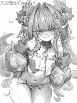 1girl aged_down alternate_breast_size_(smaller) arknights arknights:_endfield artist_name bilibili_username commentary flat_chest greyscale highres horns kupa_(jesterwii) leaning_forward long_hair looking_at_viewer monochrome navel pointy_ears solo thick_eyebrows yvonne_(arknights)