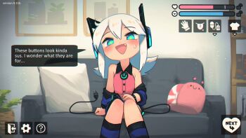 1girl :d absurdres aqua_eyes aqua_nails bare_shoulders blush cable commentary couch digitan_(porforever) electric_plug electric_plug_tail english_commentary english_text fang hair_between_eyes highres indoors jacket kneehighs long_hair looking_at_viewer nail_polish off_shoulder open_mouth original pillow pink_shirt porforever power_symbol shirt sitting sleeveless sleeveless_shirt smile socks solo speech_bubble star-shaped_pupils star_(symbol) striped_clothes striped_socks sweatdrop symbol-shaped_pupils tail user_interface white_hair wing_collar