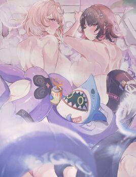 2girls back bangboo_(zenless_zone_zero) bathtub black_hair blonde_hair breasts can commentary_request drink_can ellen_joe fins fish_tail highres large_breasts monster_girl multicolored_hair multiple_girls nude pe_eee00 purple_eyes red_eyes red_hair scylla shark_girl shark_tail sharkboo_(zenless_zone_zero) soap_bubbles tail tentacle_grab tentacles two-tone_hair yidhari_murphy zenless_zone_zero