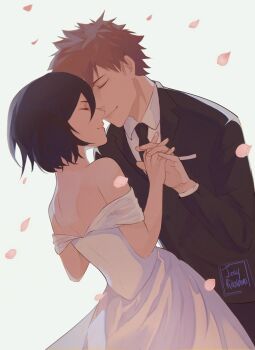 1boy 1girl artist_name bare_back bare_shoulders black_hair black_necktie black_pants black_suit bleach closed_eyes collared_shirt couple dress dress_shirt facing_another falling_petals formal_clothes green_background hair_between_eyes highres holding_hands jellyribbons kuchiki_rukia kurosaki_ichigo lips long_dress long_sleeves necktie orange_hair pants petals pink_lips pink_petals profile shirt short_hair signature simple_background smile spiked_hair suit twitter_username white_dress white_shirt