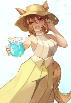1girl absurdres agnes_tachyon_(umamusume) alternate_costume animal_ears bare_shoulders blush breasts brown_hair ears_through_headwear hair_between_eyes hat highres holding_pitcher horse_ears horse_girl horse_tail ice ice_cube iko_(saikoro_k0702) looking_at_viewer open_mouth pants pitcher_(container) red_eyes shirt short_hair sleeveless sleeveless_shirt smile solo sun_hat tail umamusume white_shirt yellow_pants