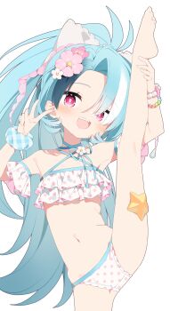 1girl :d absurdres barefoot bead_bracelet beads bikini blue_hair blue_scrunchie blush bracelet commentary commission cowboy_shot detached_sleeves feet flat_chest flower hair_flower hair_ornament highres indie_virtual_youtuber jewelry leg_up long_hair looking_at_viewer multicolored_hair navel open_mouth pink_flower polka_dot polka_dot_bikini red_eyes scrunchie simple_background skeb_commission smile solo split standing standing_on_one_leg standing_split streaked_hair swimsuit teeth toes two-tone_hair upper_teeth_only urotsuki_(ku9625) v virtual_youtuber white_background white_bikini white_hair wrist_scrunchie zenya_hima