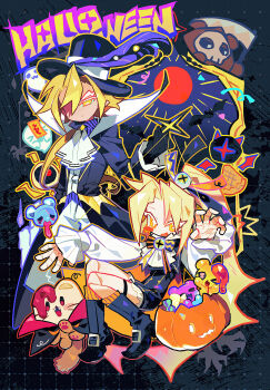 2boys alternate_costume ascot black_boots black_hat blonde_hair blood blush_stickers boots bow bowtie brothers commentary_request control_bar cookie_run cookie_run:_tower_of_adventures doll_joints fangs frilled_sleeves frills ghost halloween hat hat_feather high_collar highres holding jack-o&#039;-lantern joints lemon_curd_cookie lemon_zest_cookie loafykins long_hair long_sleeves marionette multiple_boys open_mouth orange_socks pants peacepnever ponytail puppet puppet_strings shirt siblings single_blush_sticker smile socks striped_clothes striped_socks tailcoat thigh_strap top_hat very_long_hair vest white_ascot white_pants white_shirt white_vest yellow_eyes