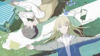 1boy 1girl absurdres black_hair blonde_hair blue_nails book brown_sweater_vest cellphone collared_shirt commentary_request crosswalk dated drawstring dress_shirt english_text grey_eyes grey_jacket hair_ornament hairclip highres hood hooded_jacket jacket long_sleeves looking_at_viewer lying mixed-language_text on_back on_ground on_side open_clothes open_jacket original phone sankakkee shirt short_hair smartphone suitcase sweater_vest twitter_username watermark white_shirt