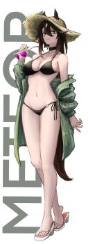1girl absurdres animal_ears arknights bare_legs bare_shoulders bikini black_bikini black_choker brown_hair character_name choker commentary ears_through_headwear full_body green_eyes green_jacket hair_between_eyes hand_up hat highres holding holding_removed_eyewear horse_ears jacket long_hair long_sleeves looking_at_viewer meteor_(arknights) mildt navel open_clothes open_jacket sandals side-tie_bikini_bottom simple_background smile solo standing stomach sun_hat sunglasses swimsuit thighs unworn_eyewear white_background white_sandals