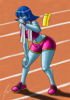 Rule 34 | armband, blue hair, blue skin, breasts, cleavage, colored skin, darkstalkers, female focus, hsien-ko, jiangshi, mei-ling (darkstalkers), ofuda, pale skin, pink shoes, red eyes, running shoes, running track, shadow, shoes, short hair, short shorts, shorts, sports bra, sportswear, sweat