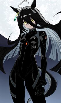 1girl ahoge animal_ears black_bodysuit blonde_hair blunt_ends bodysuit breasts closed_mouth collared_bodysuit commentary_request floating_hair frown full_moon hair_between_eyes highres horse_ears horse_girl horse_tail long_bangs long_hair long_hair_between_eyes long_sleeves looking_at_viewer manhattan_cafe_(umamusume) moon multicolored_hair small_breasts solo split_mouth tail umamusume user_rmus7348 very_long_hair white_hair yellow_eyes