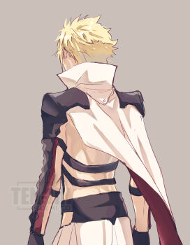 1boy armor artist_name backless_outfit blonde_hair cape cloud cloud_strife cosplay demi_co facing_away final_fantasy final_fantasy_vii final_fantasy_vii:_ever_crisis from_behind grey_background highres lightning_farron lightning_farron_(cosplay) male_focus red_cape short_hair shoulder_armor sketch sky solo spiked_hair twitter_username two-sided_cape two-sided_fabric upper_body vambraces white_cape