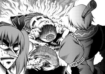 1boy 2girls apologizing black_hair blood greyscale hat hidefu_kitayan himekaidou_hatate japanese_clothes kaiji kneeling long_hair monochrome morichika_rinnosuke multiple_girls newspaper parody shameimaru_aya short_hair sweat touhou white_hair