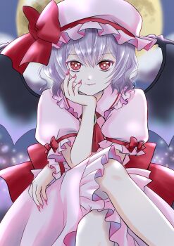 1girl ascot back_bow bat_wings bow brooch closed_mouth collared_shirt commentary crossed_legs fingernails frilled_shirt_collar frills fukumaru_(pixiv_75983091) full_moon hat hat_bow highres jewelry long_fingernails long_hair looking_at_viewer mob_cap moon pink_hat pink_shirt pink_skirt puffy_short_sleeves puffy_sleeves purple_hair red_ascot red_bow red_eyes remilia_scarlet sharp_fingernails shirt short_sleeves single_wrist_cuff skirt sleeve_bow smile solo touhou wings wrist_cuffs