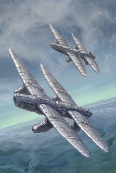 aircraft blue_sky cloud commentary_request commission day fantasy flying kaze_no_tani_no_nausicaa military_vehicle no_humans outdoors pixiv_commission sky tunguu vehicle_focus